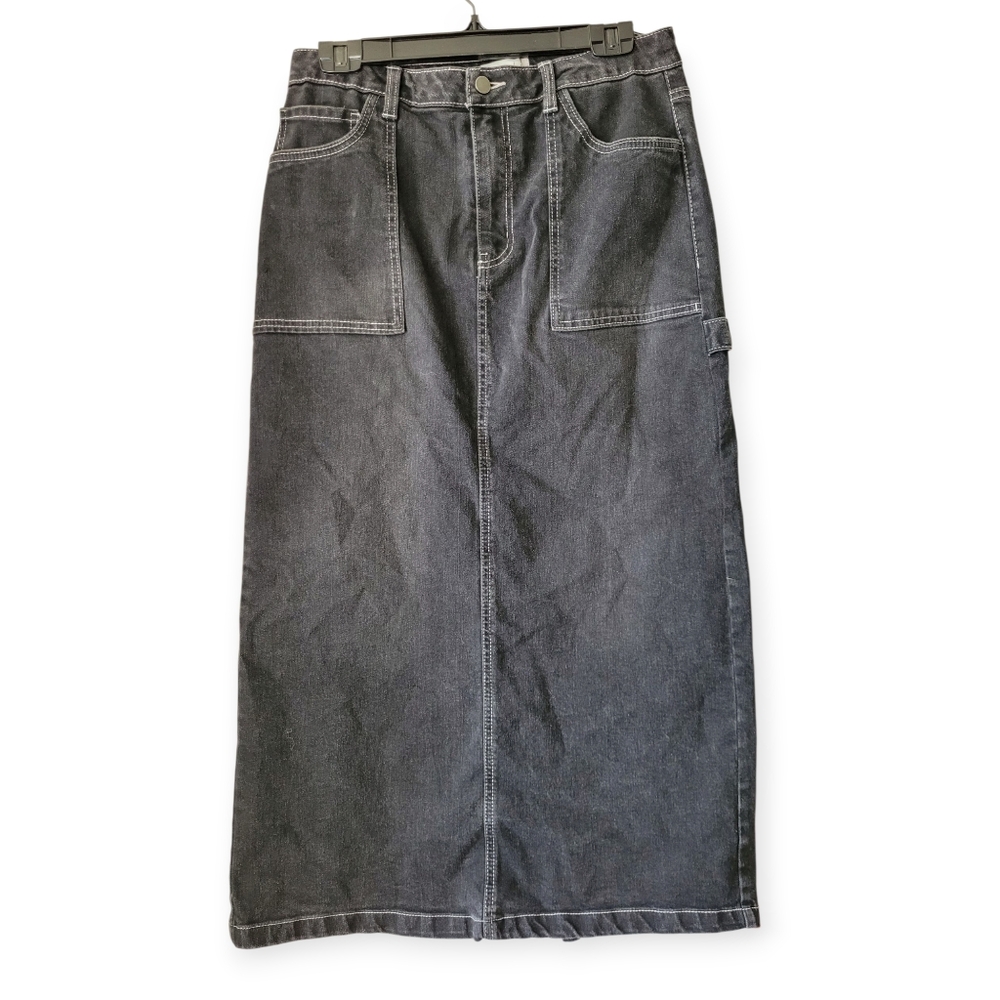 Denim Maxi Skirt with Back Slit And Pockets Charcoal 90s Grunge Sz 10 / 11